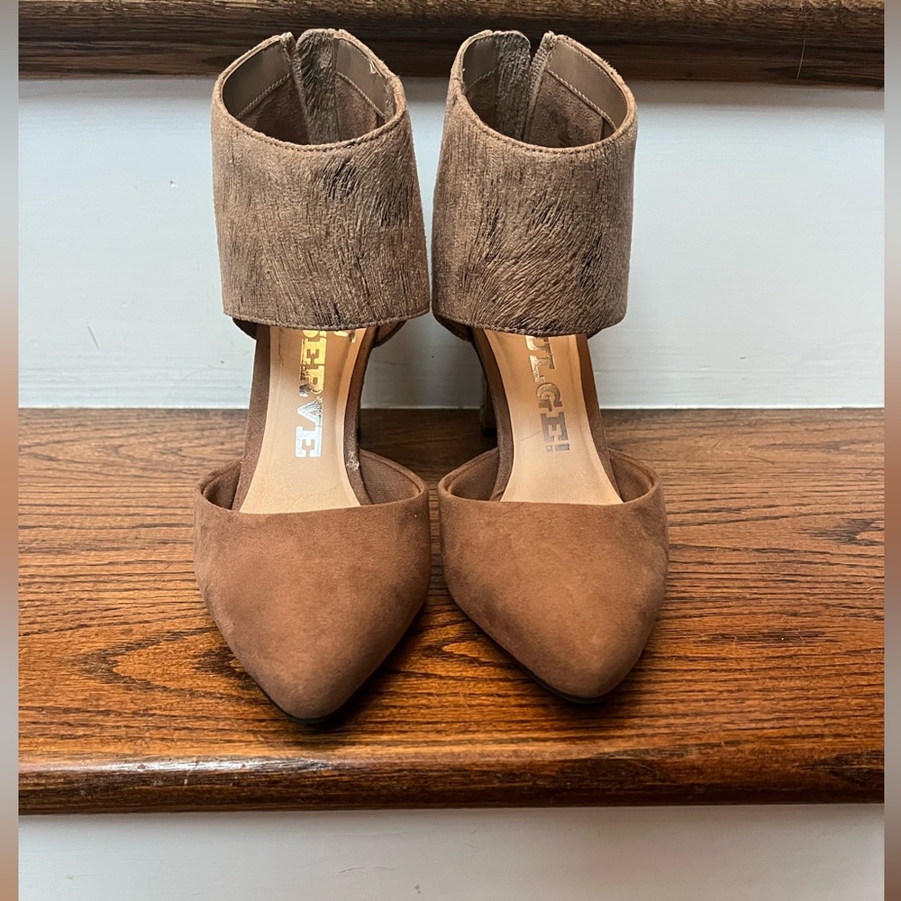 Revolution Faux Leather back zip almond toe dark tan high heels — barely worn